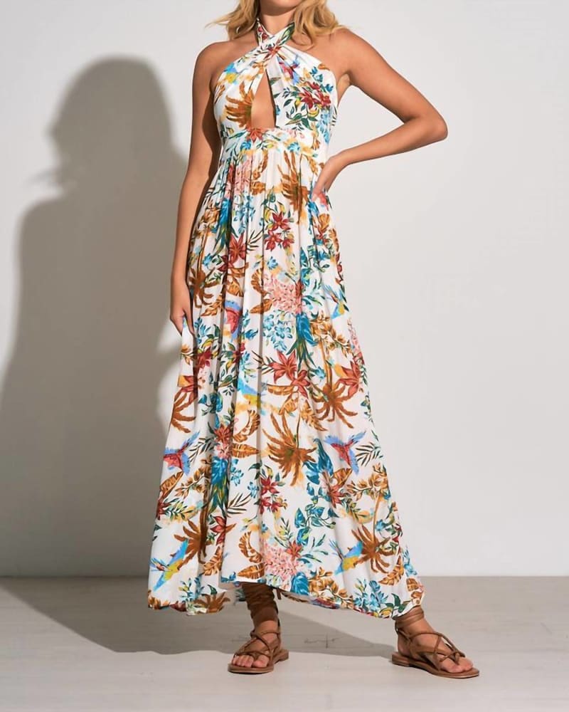 Front of a model wearing a size LARGE Maxi Cris Cross in Paradise Print in Paradise Print by ELAN. | dia_product_style_image_id:335943